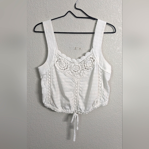 Free People Tops - Free People White Cotton Crochet Cropped Top Strappy Sleeveless Drawstring XS